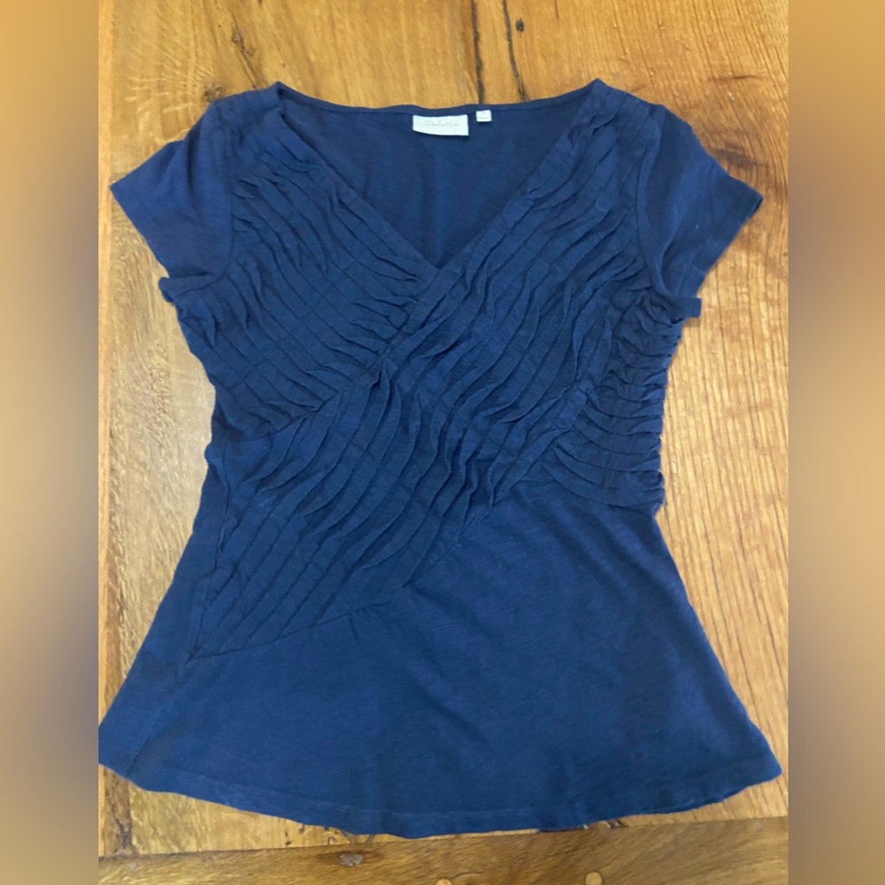 Anthropologie Deletta 100% Cotton V Neck Navy Blue Top, Size Petite Small